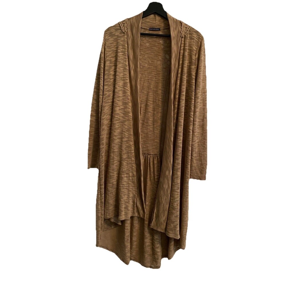 Basil Lola Boutique Womens L Brown Open Front Long Boho Cardigan Crochet Back C5